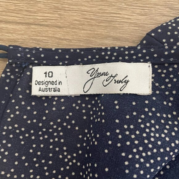 Women's Size 10 Yours Truly Navy Polka Dot Ruffled Neck Long Sleeve Dress - Picture 2 of 11